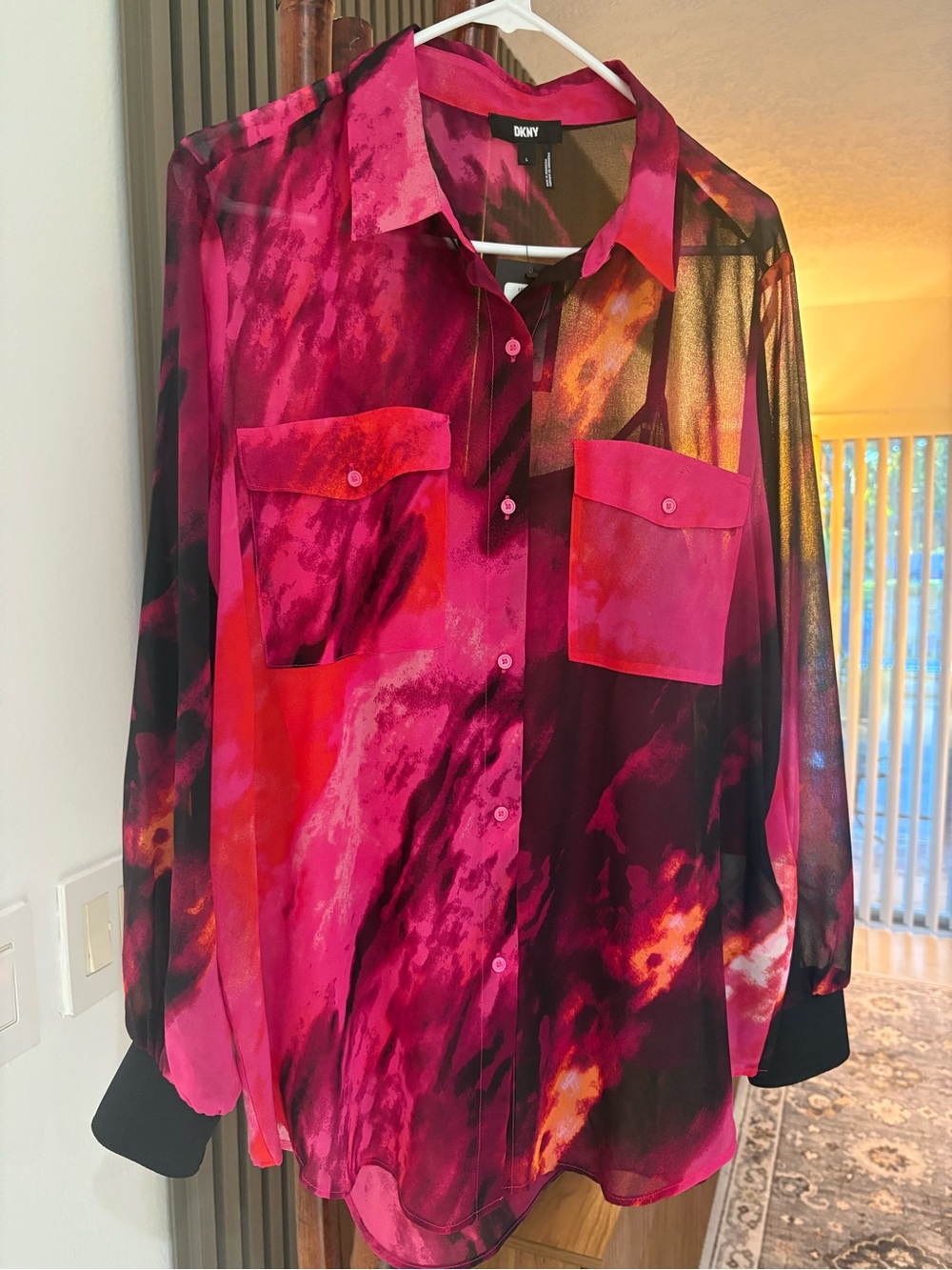 DKNY Pink & Black Printed Button-Up Blouse with undershirt - Large NWT